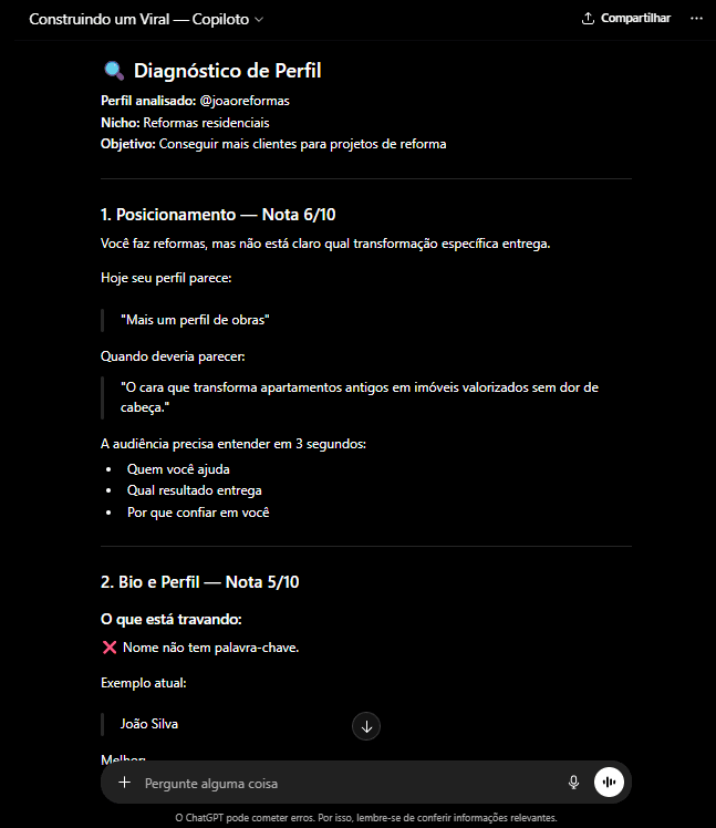 Exemplo de diagnóstico de perfil feito pela IA do Construindo um Viral